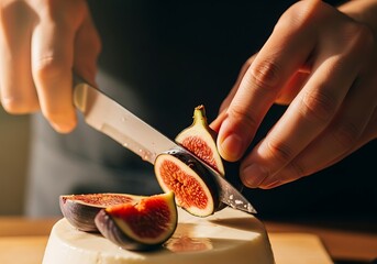 Close-up of a person delicately slicing a fig on a creamy panna cotta for a sophisticated dessert creation with
