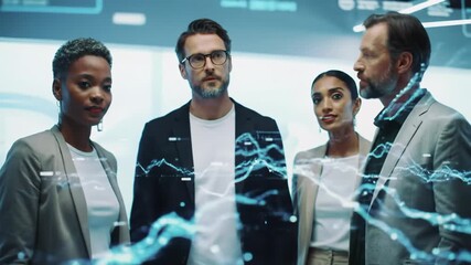 Diverse professionals in sleek business-casual, gathered in a high-tech lab, analyze complex data resolving on a glowing transparent screen into a strategic solution. A slow push-in video enhances - Powered by Adobe