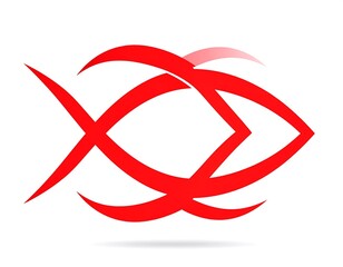 Abstract red fish graphic with overlapping curves on white background and soft drop shadow