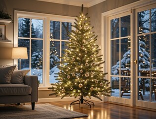 Christmas tree glowing in cozy living room winter