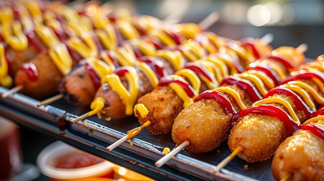 Close up of corn dogs with ketchup and mustard on a metal rack ready to be served to customers