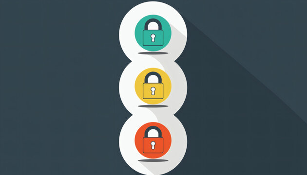 Flat 2D concept: Stacked user profiles with different color locks, illustrating the Principle of Least Privilege (PoLP)