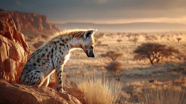 A spotted hyena sits on a rock, gazing at a vast, sunlit savanna landscape
