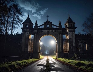 Fototapeta premium Eerie Night Landscape of Abandoned Gate Under Moonlight