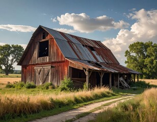Obraz premium Rustic Red Barn Surrounded by Golden Fields and Blue Sky