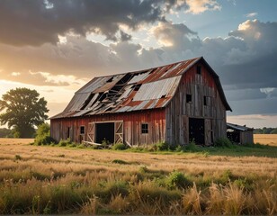 Obraz premium Old Red Barn Ruins Surrounded by Golden Wheat Fields at Sunset