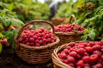 Abundant baskets of ripe red raspberries freshly picked in a berry field
