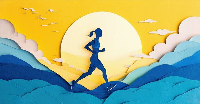 Papercraft illustration depicts runner silhouette against bright sun, stylized waves, clouds. Energetic scene evokes freedom, movement.
