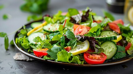 A vibrant salad featuring fresh cucumbers tomatoes and lemon slices on a dark plate with green herbs