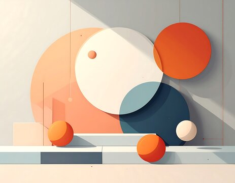 Abstract shapes arrangement; white, orange, and blue circles on layered light gray blocks