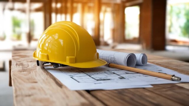 Yellow safety hard hat architectural blueprints wooden table construction planning building project