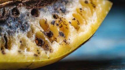 spoilage. A close-up of fruit showing natural decay with dark rot spots. menu design, packaging mockups, designed for culinary blogs and recipe cards for restaurants.