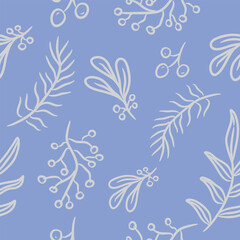 Hand drawn white botanical elements on soft blue. Seamless nature-inspired pattern for textiles, wallpapers, and design projects, Vector illustration.