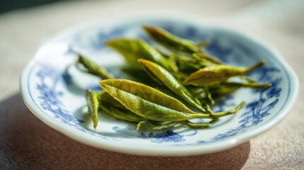 shallow. Fresh green tea leaves on a white plate with natural daylight and soft focus. menu design, packaging mockups, designed for culinary blogs and recipe cards for restaurants.