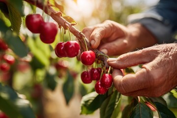 Close-up of hands picking fresh, ripe red cherries from a sunlit orchard tree.