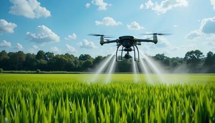 Drone spraying pesticide on a field of crops, ensuring efficient and precise application for healthy growth