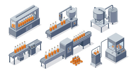 Obraz premium Isometric beverage production line with conveyor belts and machinery
