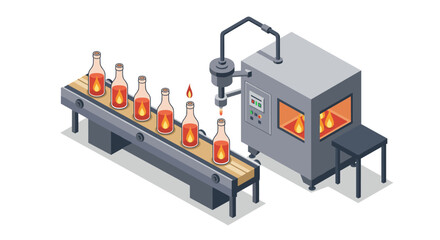 Obraz premium Isometric glass bottle manufacturing process on industrial conveyor
