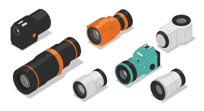 Isometric camera and lens collection featuring colorful photography equipment in modern design