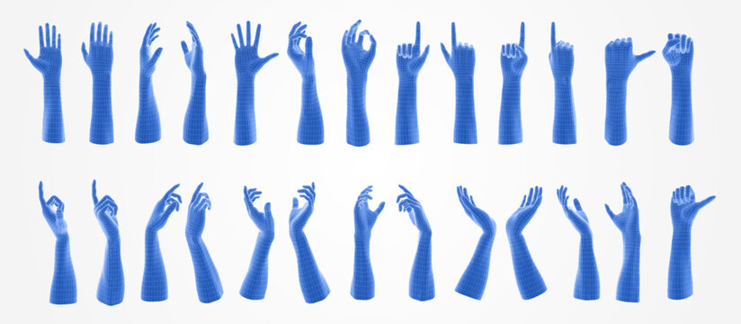 Abstract 3D vector set of digital hands, gestures in AI and human interaction concept. Blue wireframe palms with node connections. Futuristic AR technology, cyber communication, VR innovation design.