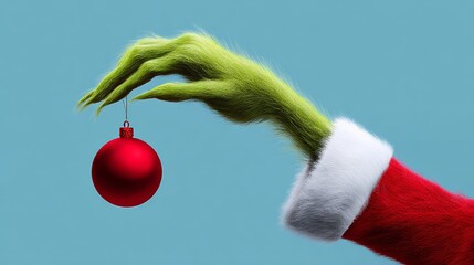 Green hand holding a red Christmas ornament. The hand is wearing a red santa hat