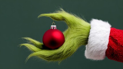 Green hand holding a red Christmas ornament. The ornament is a small ball with a green stem