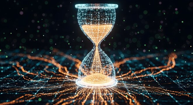 Digital Hourglass Symbolizing Time with Glowing Particles and Abstract Connections in Technology - Powered by Adobe
