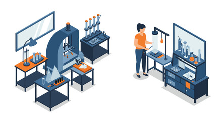 Isometric scientific laboratory with equipment and researcher in modern design