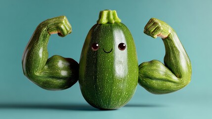 Cartoon squash with a green body and a green head. The squash is holding a green carrot in its hand