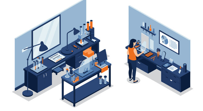 Modern isometric laboratory with scientist and equipment in blue and orange theme