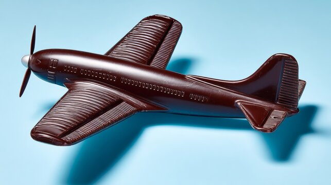Small brown airplane is sitting on a blue background. The airplane is made of chocolate and has a propeller. Concept of whimsy and playfulness - Powered by Adobe