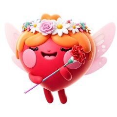 可愛らしい赤いキャラクターが花冠をつけカーネーションを持つ