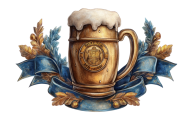 Oktoberfest medal ribbon featuring beer stein emblem celebrating Bavarian festival achievement and festive fun isolated on white background PNG