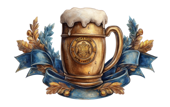 Oktoberfest medal ribbon featuring beer stein emblem celebrating Bavarian festival achievement and festive fun isolated on white background PNG