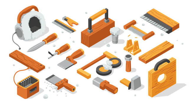 Isometric winter tools collection for woodworking projects