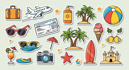 Vacation themed sticker set featuring summer elements and holiday essentials icons