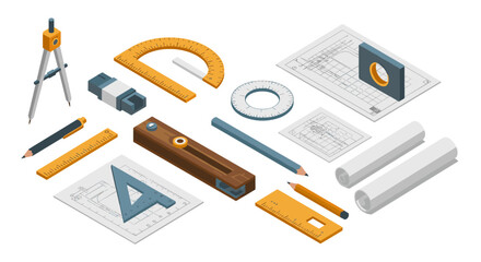 Isometric geometry tools with ruler, compass, and drafting supplies for architectural design