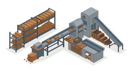 Isometric wooden plank production line with conveyor and storage shelf