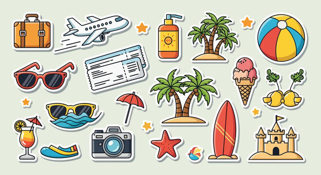 Vacation themed sticker set featuring summer elements and holiday essentials icons