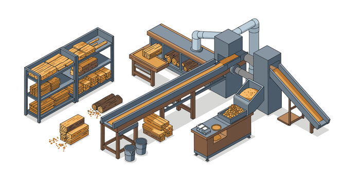 Efficient lumber production line in modern sawmill facility
