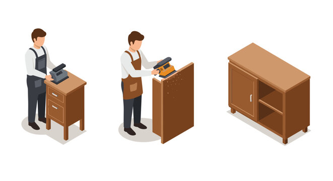Isometric woodworking scene with carpenter sanding and assembling furniture