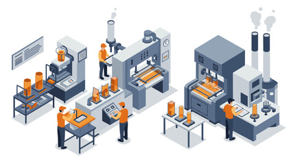 Obraz premium Isometric factory machinery with workers in modern industrial setting