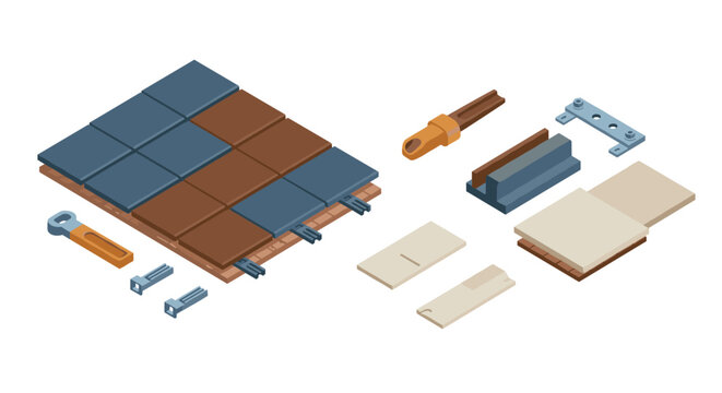 Isometric tile assembly with tools and hardware components for home renovation