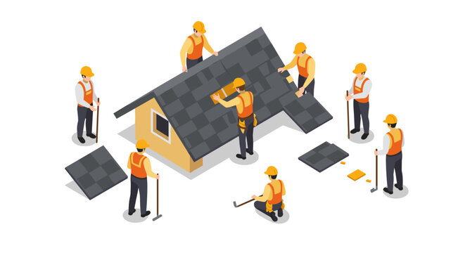 Isometric construction workers installing roof shingles on house
