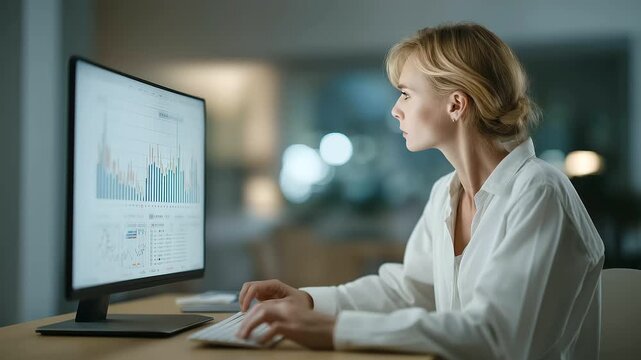 female data scientist analyzing renewable power output trends on interactive dashboard muted clicks modern energy analytics cinematic color correction, gentle backlight, clean negative space, high