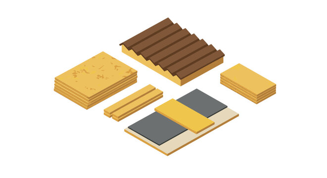 Isometric wooden construction materials with roof panels for architectural design