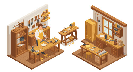 Isometric workshop scene with craftsman and carpentry tools in cozy woodworking studio