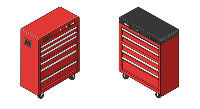 Isometric tool chest set with drawers and wheels in red and black
