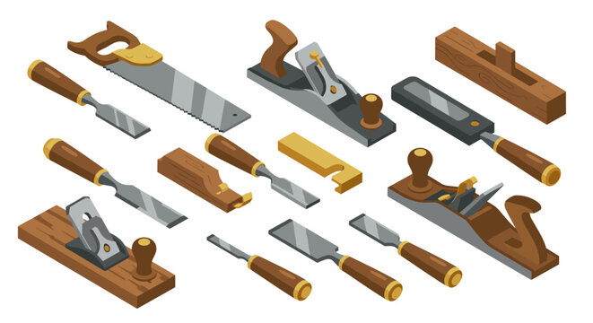 Isometric hand tools collection featuring saws, planes, chisels, and blocks