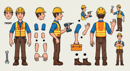 Cartoon construction worker character with movable body parts for animation design